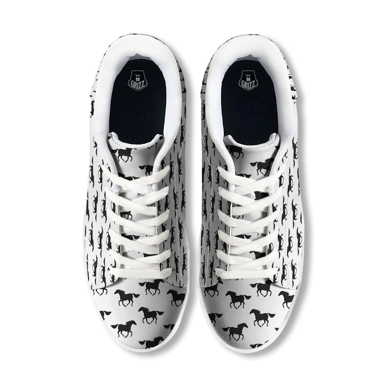 Horse White And Black Print Pattern White Low Top Sneakers-grizzshop
