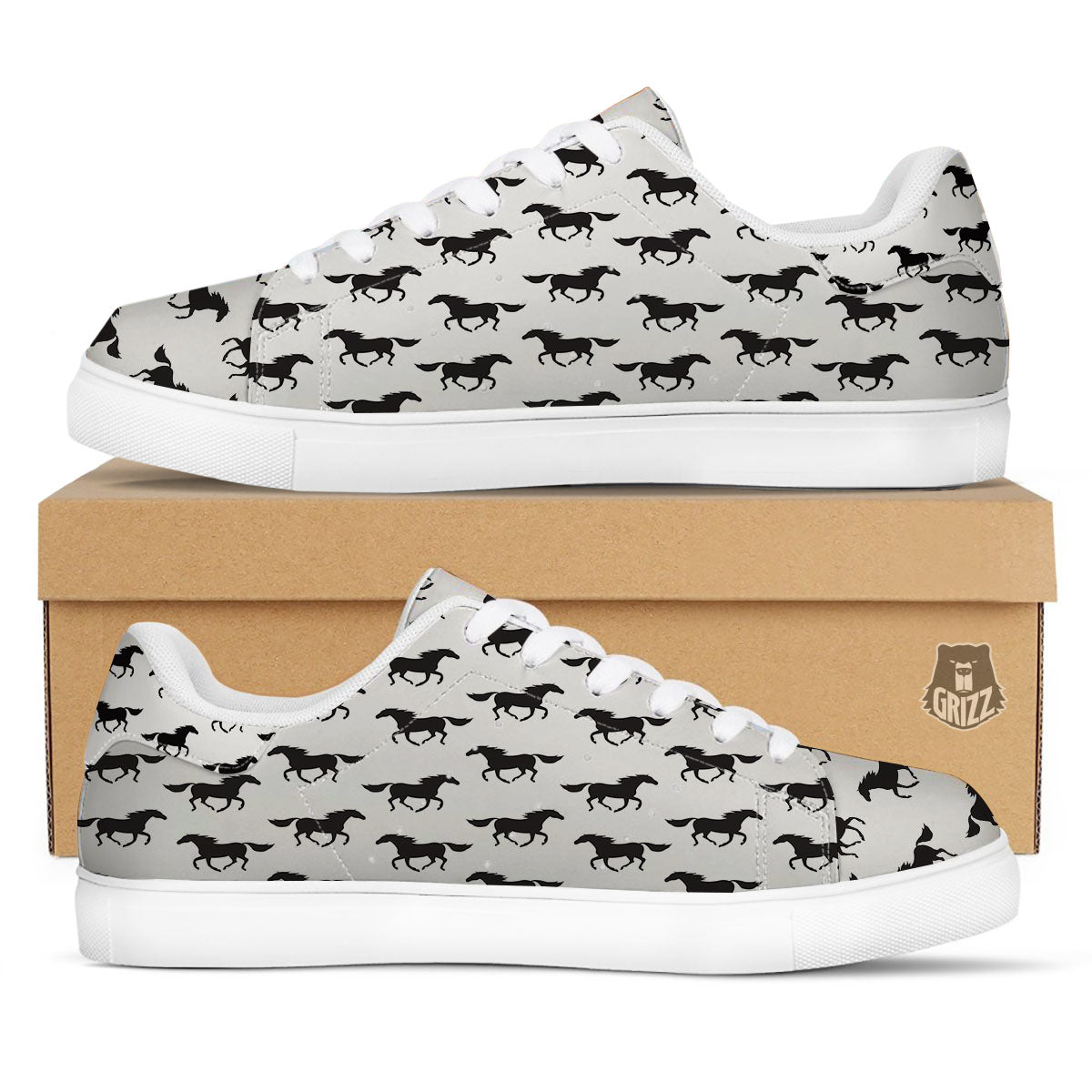 Horse White And Black Print Pattern White Low Top Sneakers-grizzshop