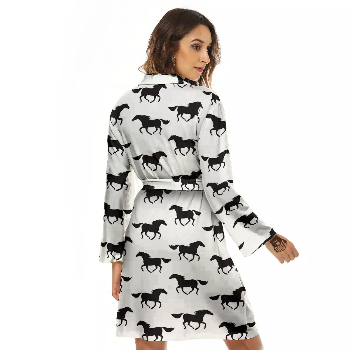 Horse White And Black Print Pattern Women's Robe-grizzshop
