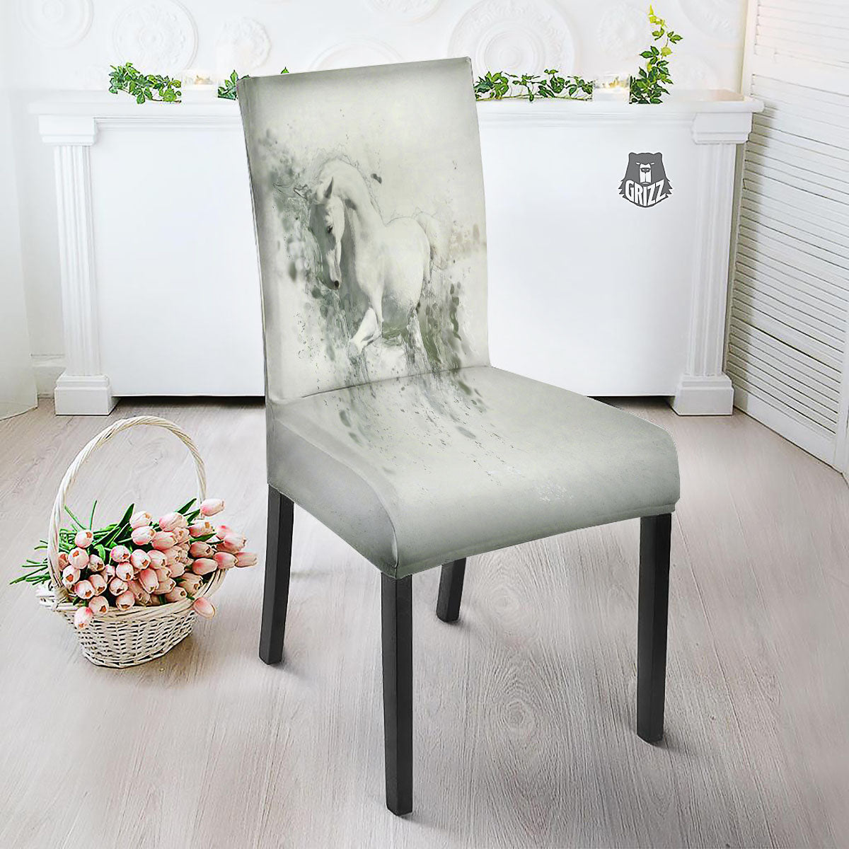 Horse White Stallion Print Dining Chair Slipcover-grizzshop