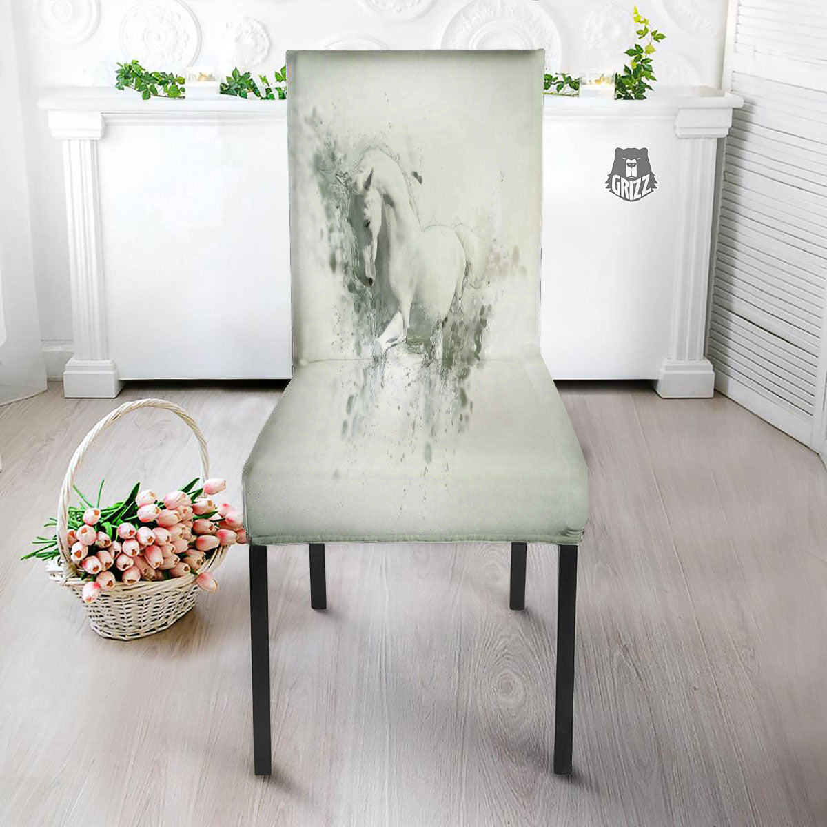 Horse White Stallion Print Dining Chair Slipcover-grizzshop