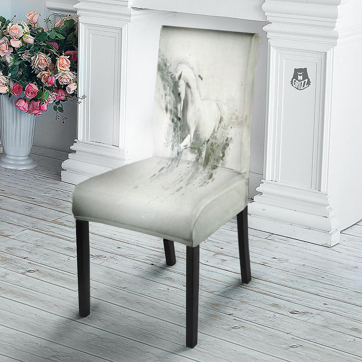 Horse White Stallion Print Dining Chair Slipcover-grizzshop