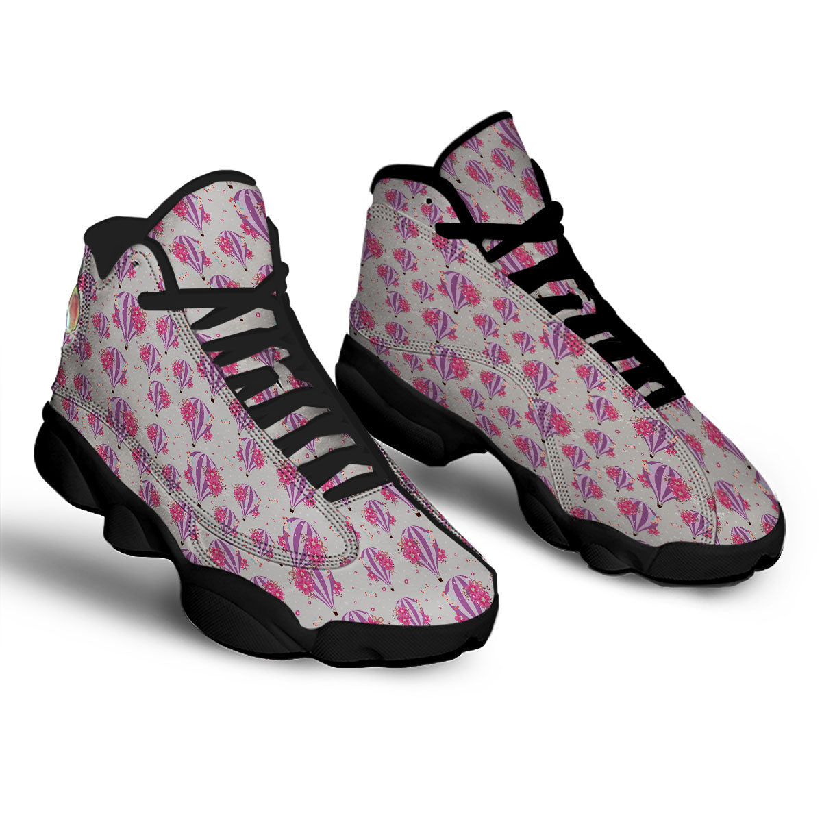 Hot Air Balloon Floral Print Pattern Black Basketball Shoes-grizzshop