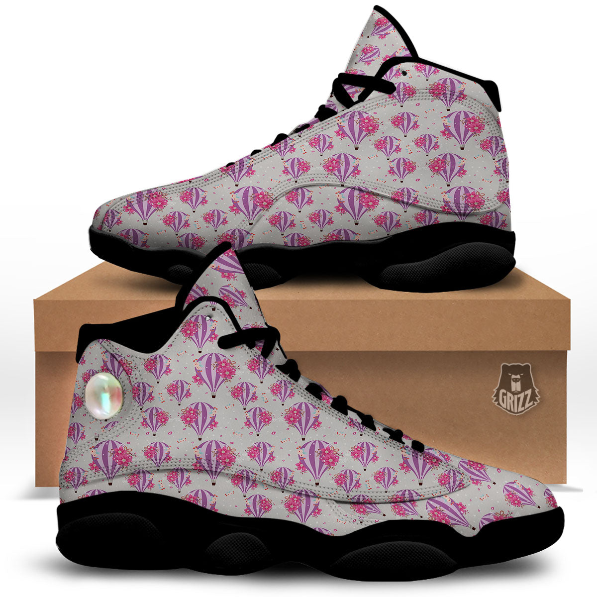 Hot Air Balloon Floral Print Pattern Black Basketball Shoes-grizzshop