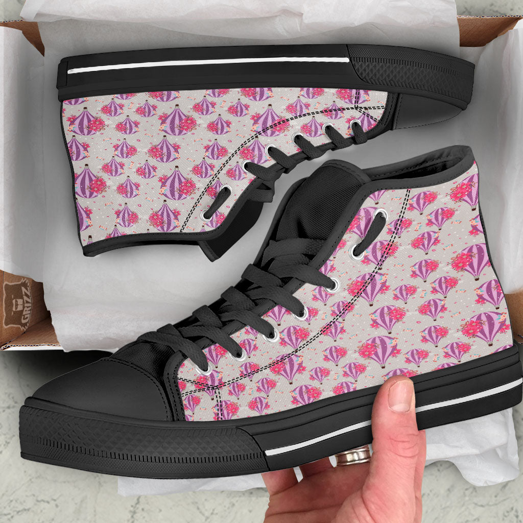 Hot Air Balloon Floral Print Pattern Black High Top Shoes-grizzshop