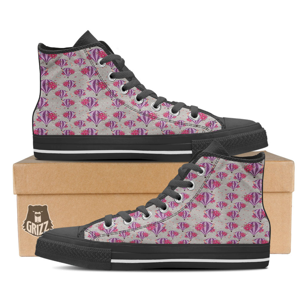 Hot Air Balloon Floral Print Pattern Black High Top Shoes-grizzshop