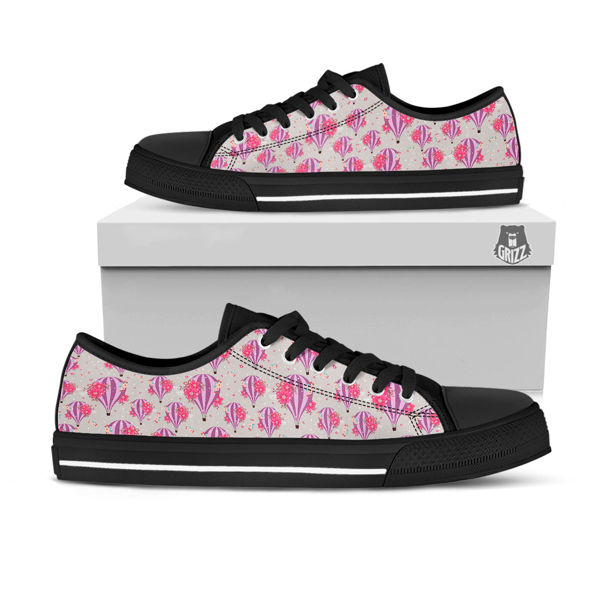Hot Air Balloon Floral Print Pattern Black Low Top Shoes-grizzshop