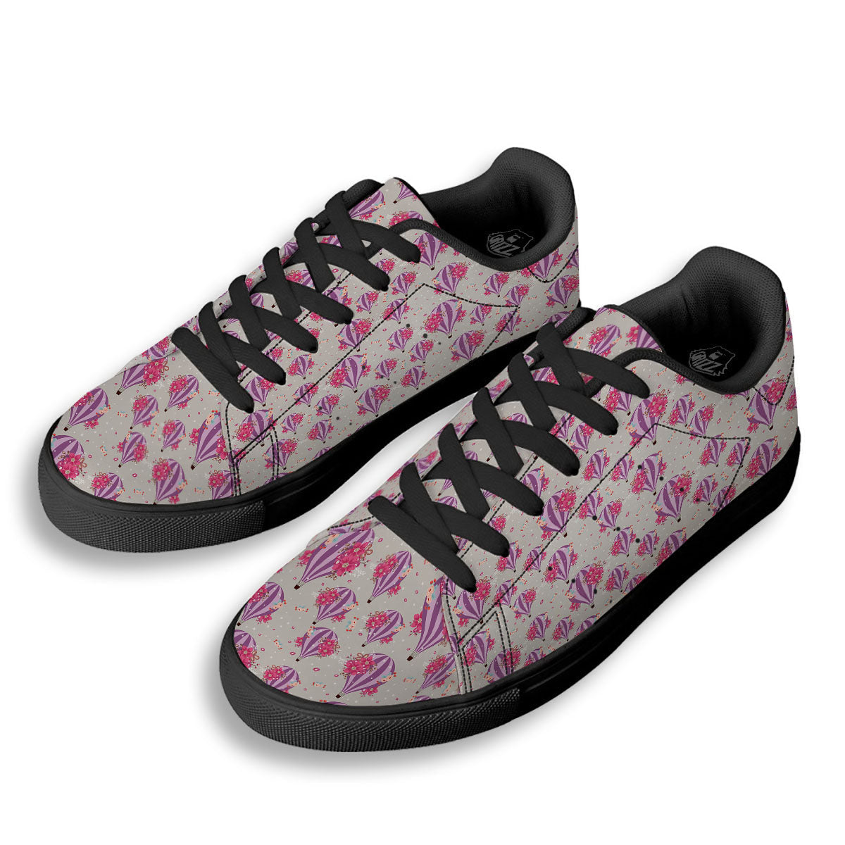 Hot Air Balloon Floral Print Pattern Black Low Top Sneakers-grizzshop