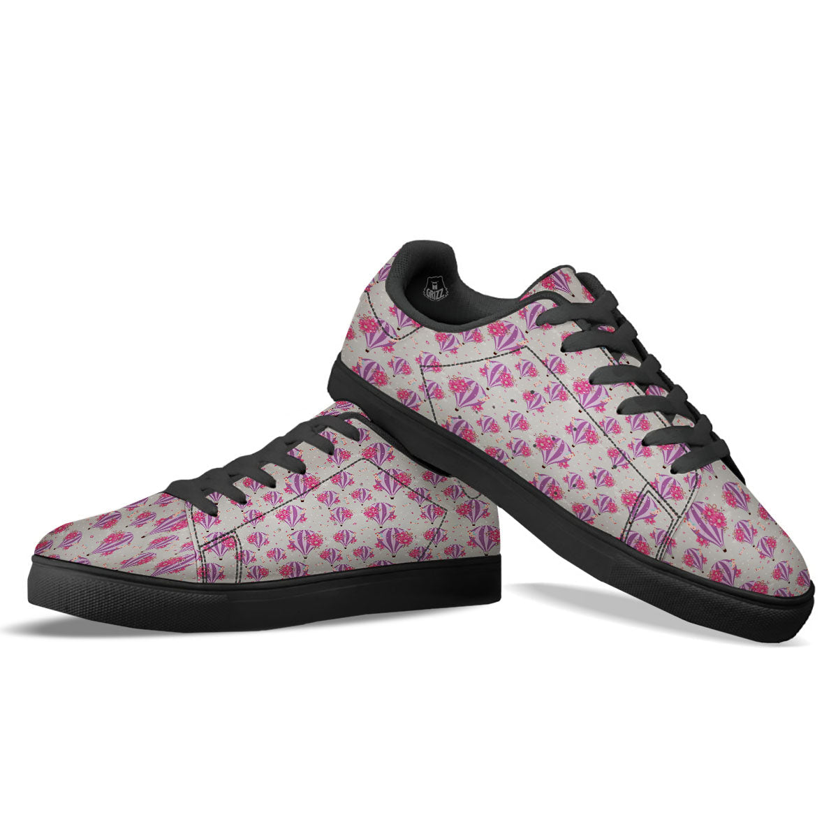 Hot Air Balloon Floral Print Pattern Black Low Top Sneakers-grizzshop