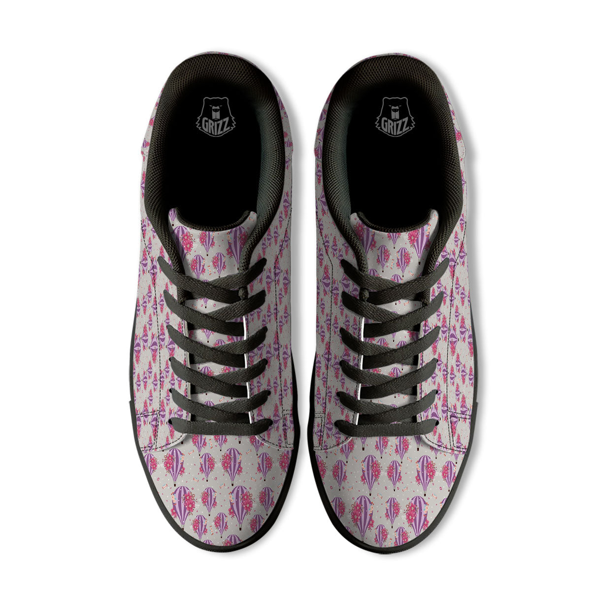 Hot Air Balloon Floral Print Pattern Black Low Top Sneakers-grizzshop