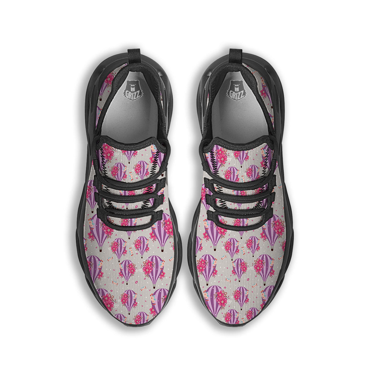 Hot Air Balloon Floral Print Pattern Black Running Shoes-grizzshop