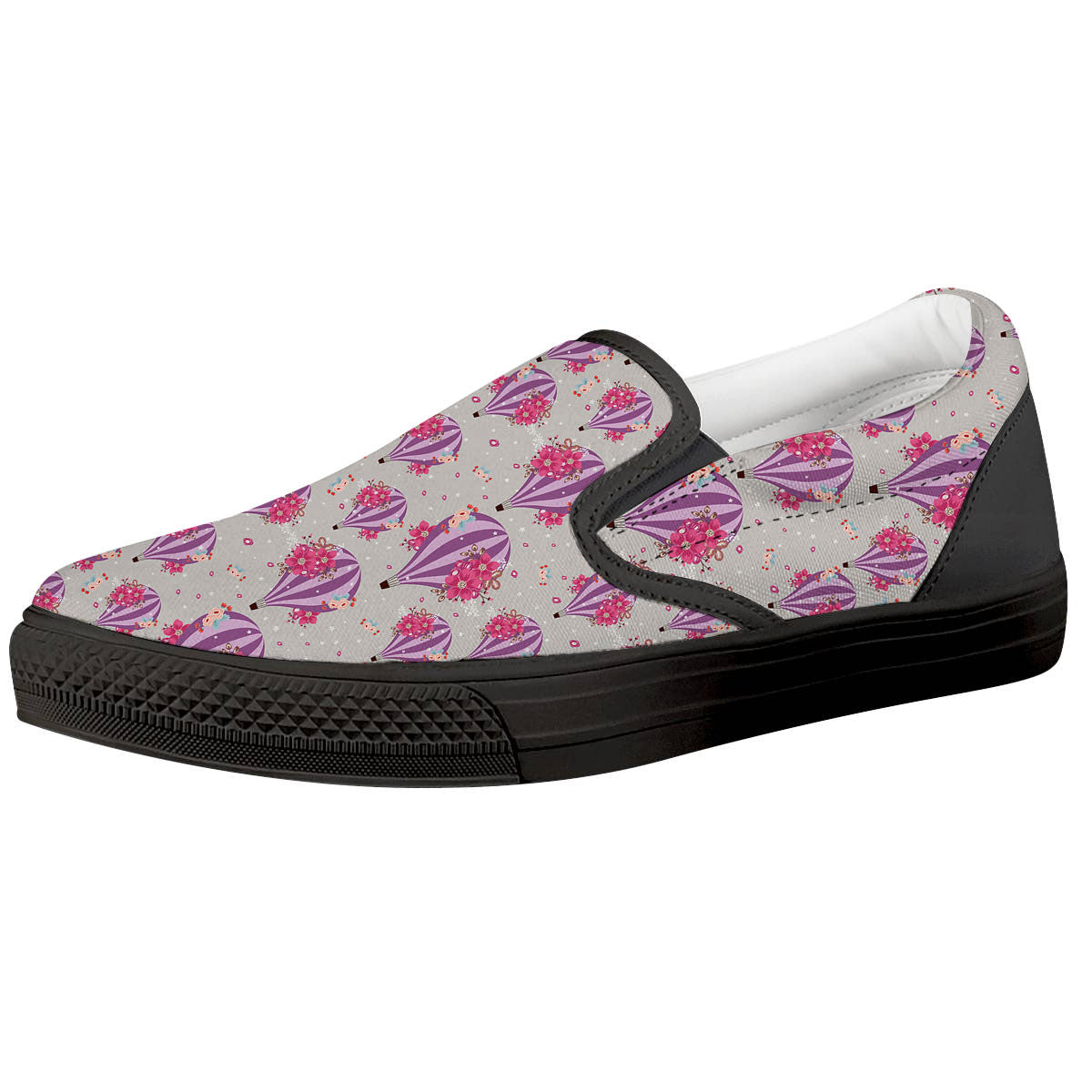 Hot Air Balloon Floral Print Pattern Black Slip On Shoes-grizzshop