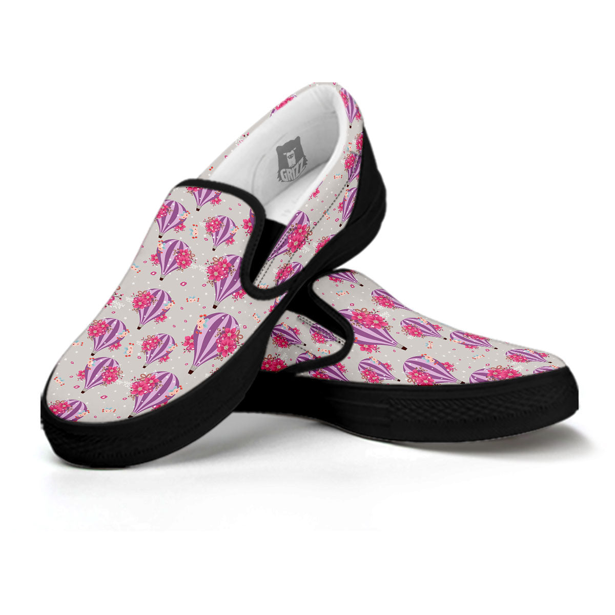 Hot Air Balloon Floral Print Pattern Black Slip On Shoes-grizzshop