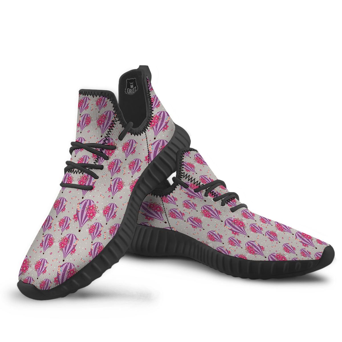 Hot Air Balloon Floral Print Pattern Black Walking Shoes-grizzshop