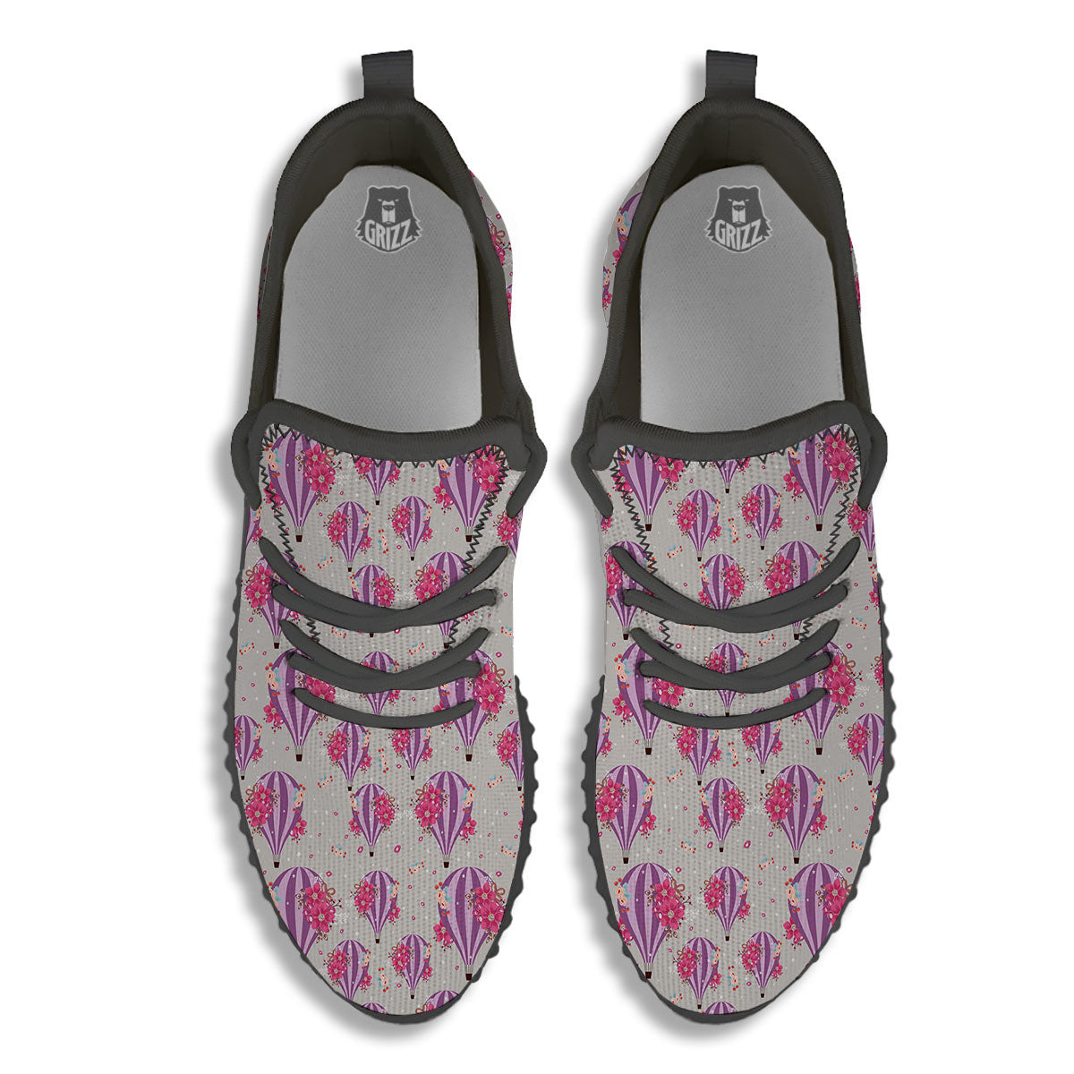 Hot Air Balloon Floral Print Pattern Black Walking Shoes-grizzshop