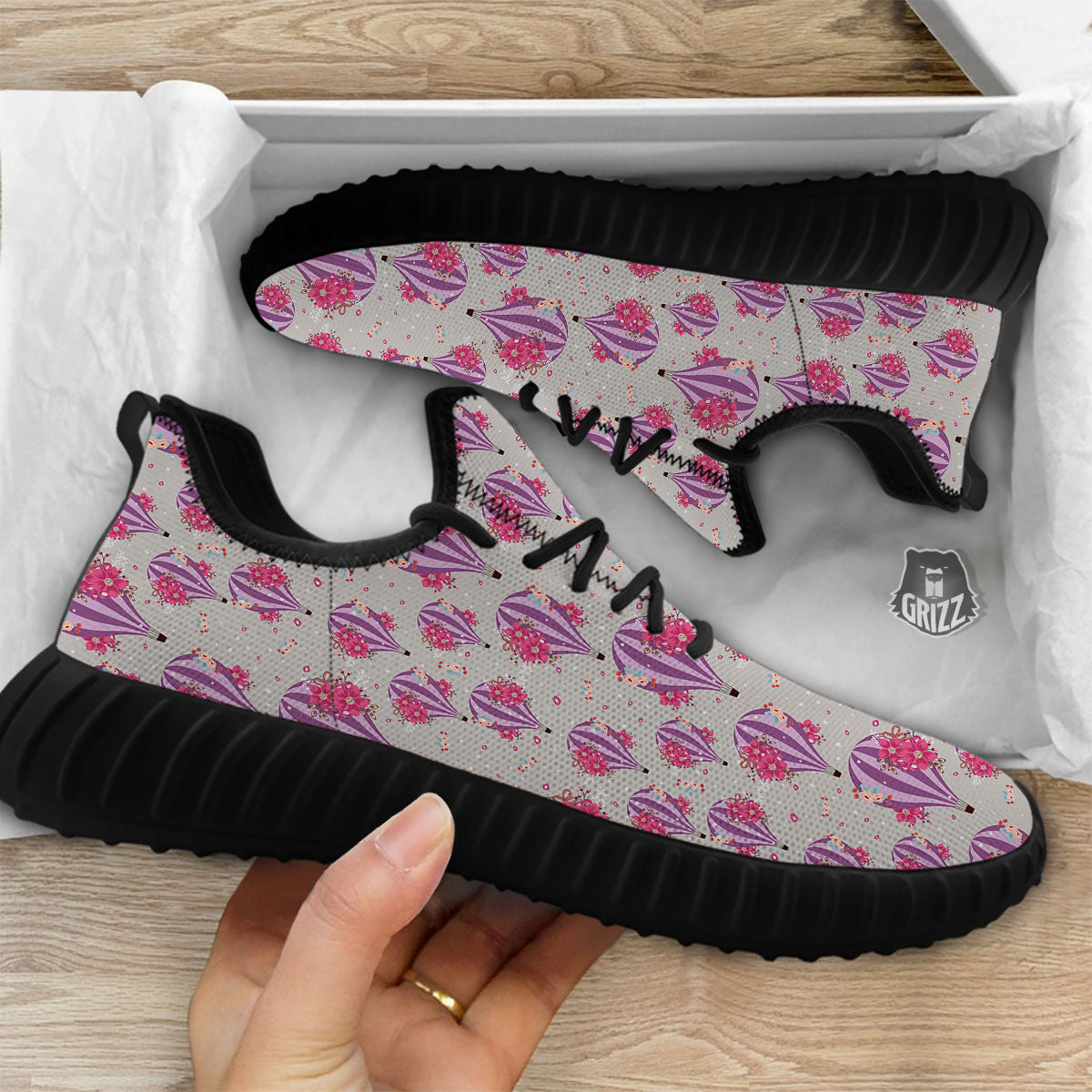 Hot Air Balloon Floral Print Pattern Black Walking Shoes-grizzshop