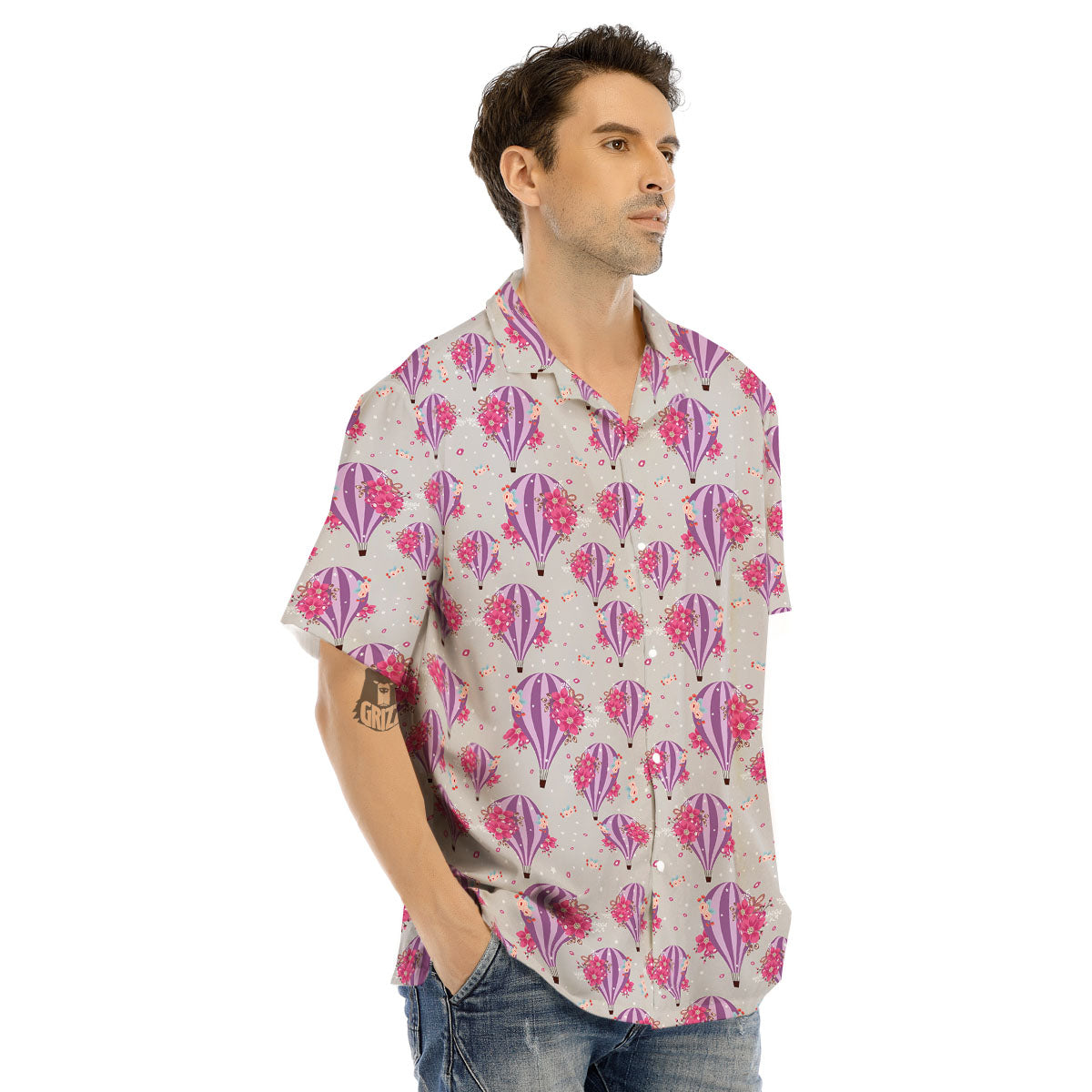 Hot Air Balloon Floral Print Pattern Men's Hawaiian Shirt-grizzshop