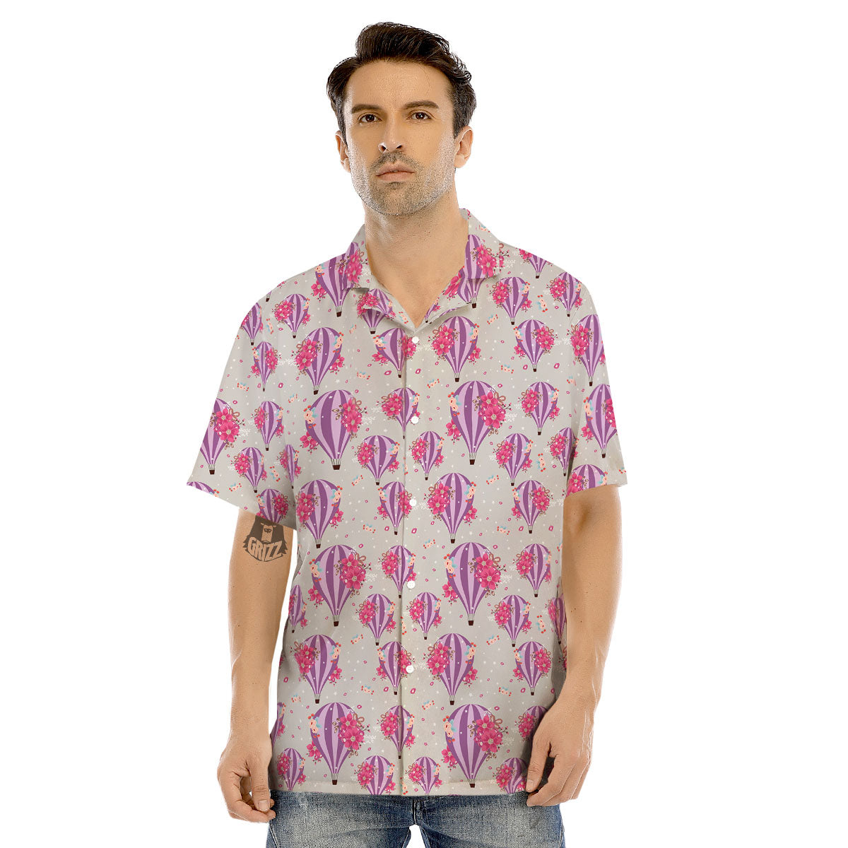 Hot Air Balloon Floral Print Pattern Men's Hawaiian Shirt-grizzshop