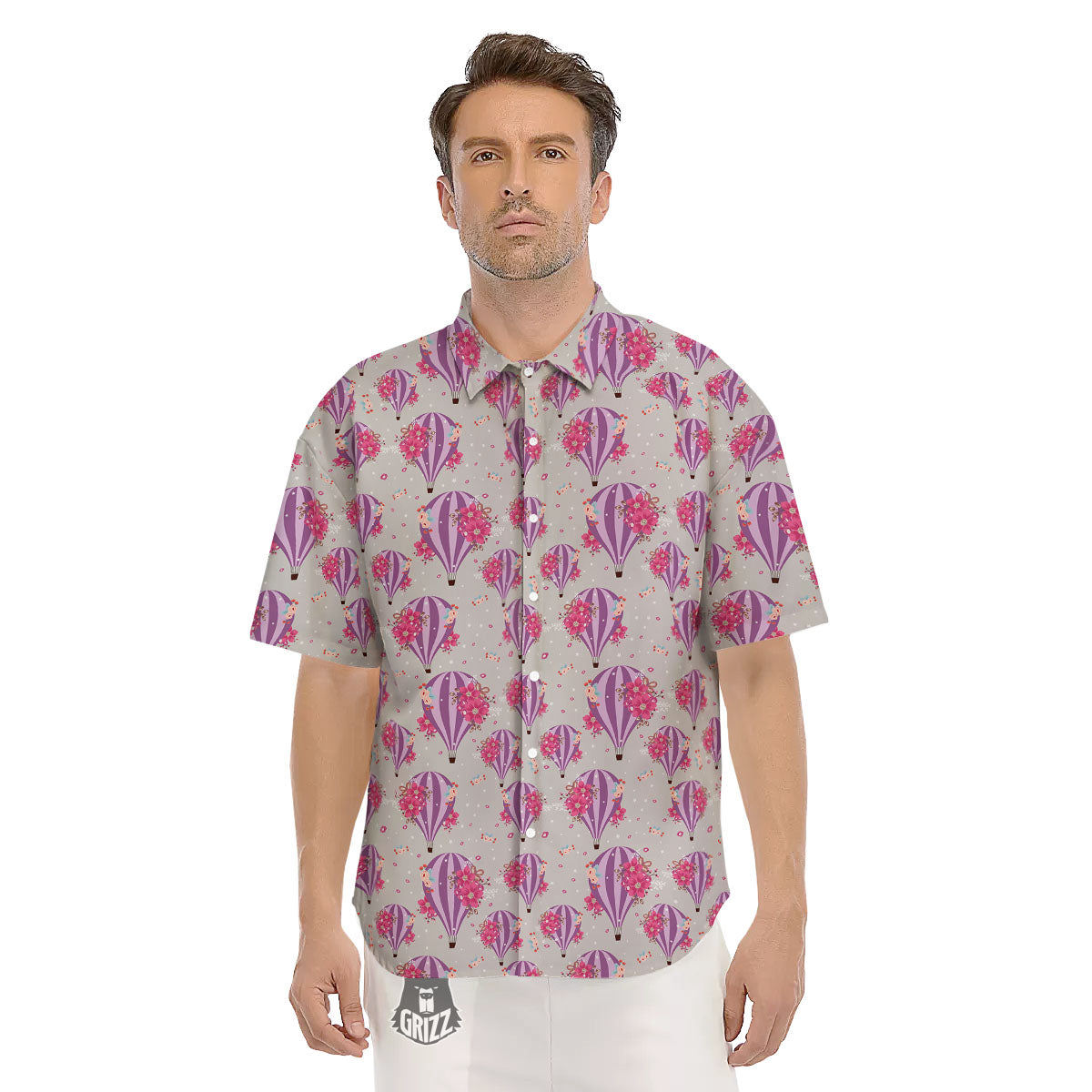 Hot Air Balloon Floral Print Pattern Men's Short Sleeve Shirts-grizzshop