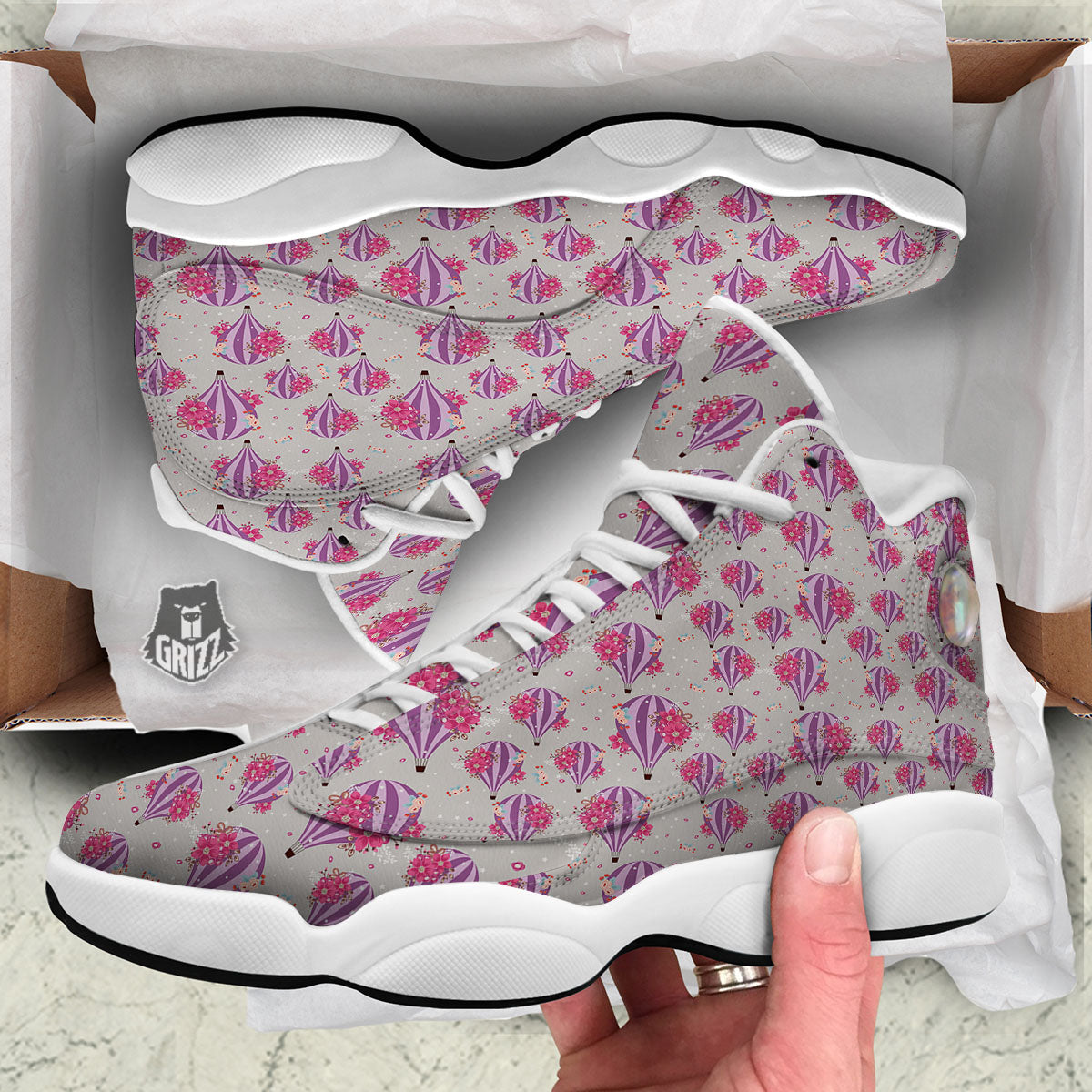 Hot Air Balloon Floral Print Pattern White Basketball Shoes-grizzshop