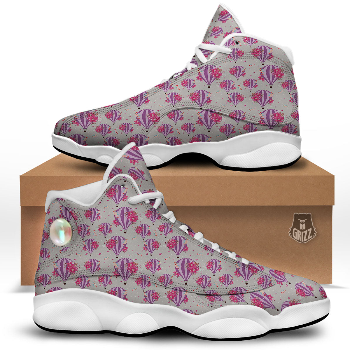 Hot Air Balloon Floral Print Pattern White Basketball Shoes-grizzshop