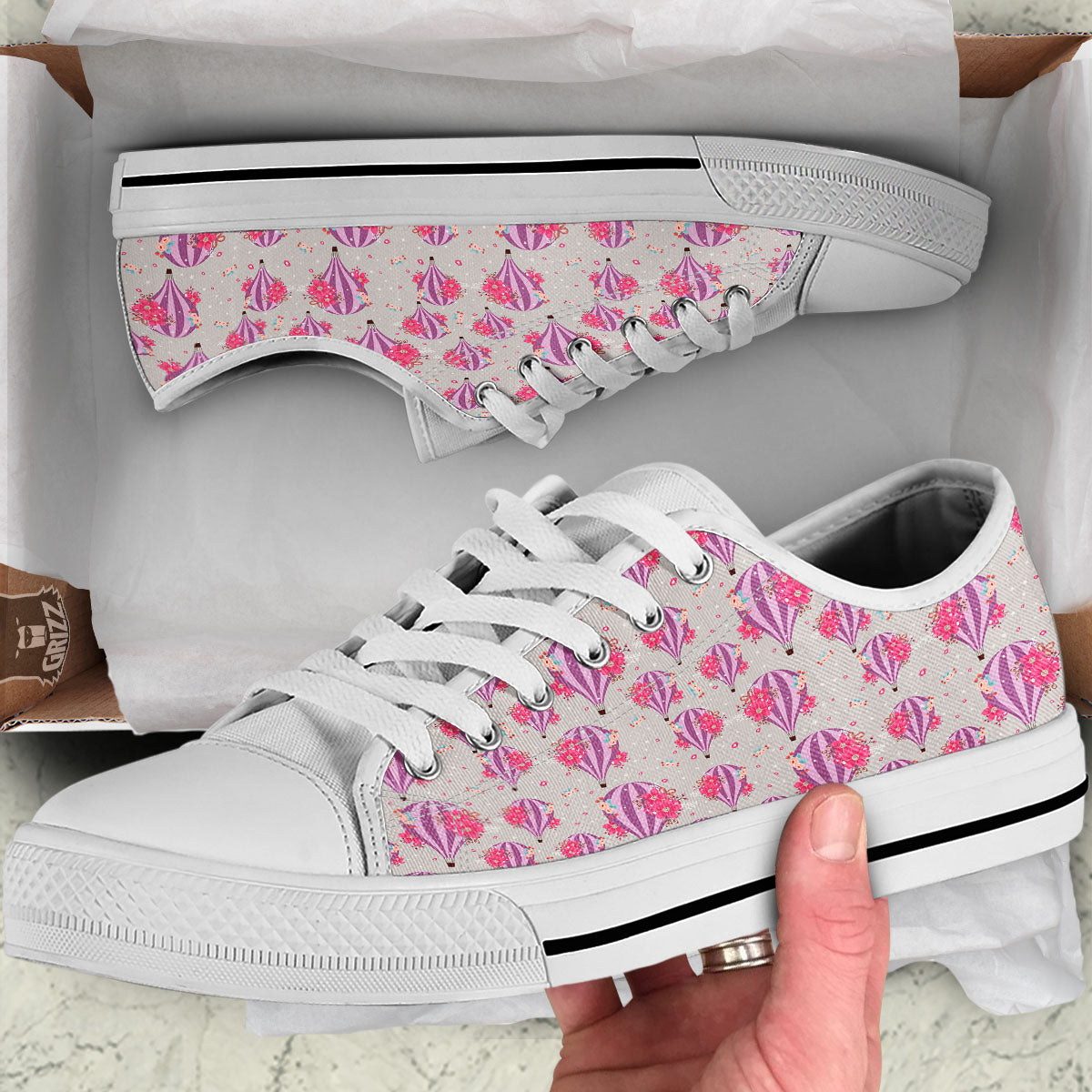 Hot Air Balloon Floral Print Pattern White Low Top Shoes-grizzshop