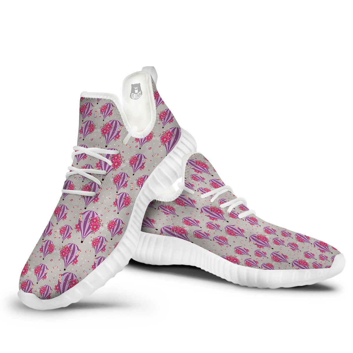Hot Air Balloon Floral Print Pattern White Walking Shoes-grizzshop
