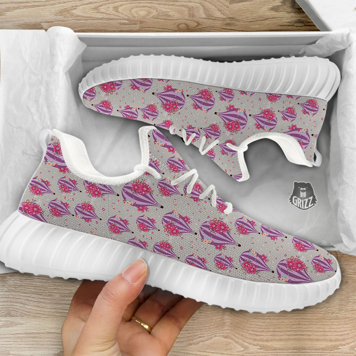 Hot Air Balloon Floral Print Pattern White Walking Shoes-grizzshop