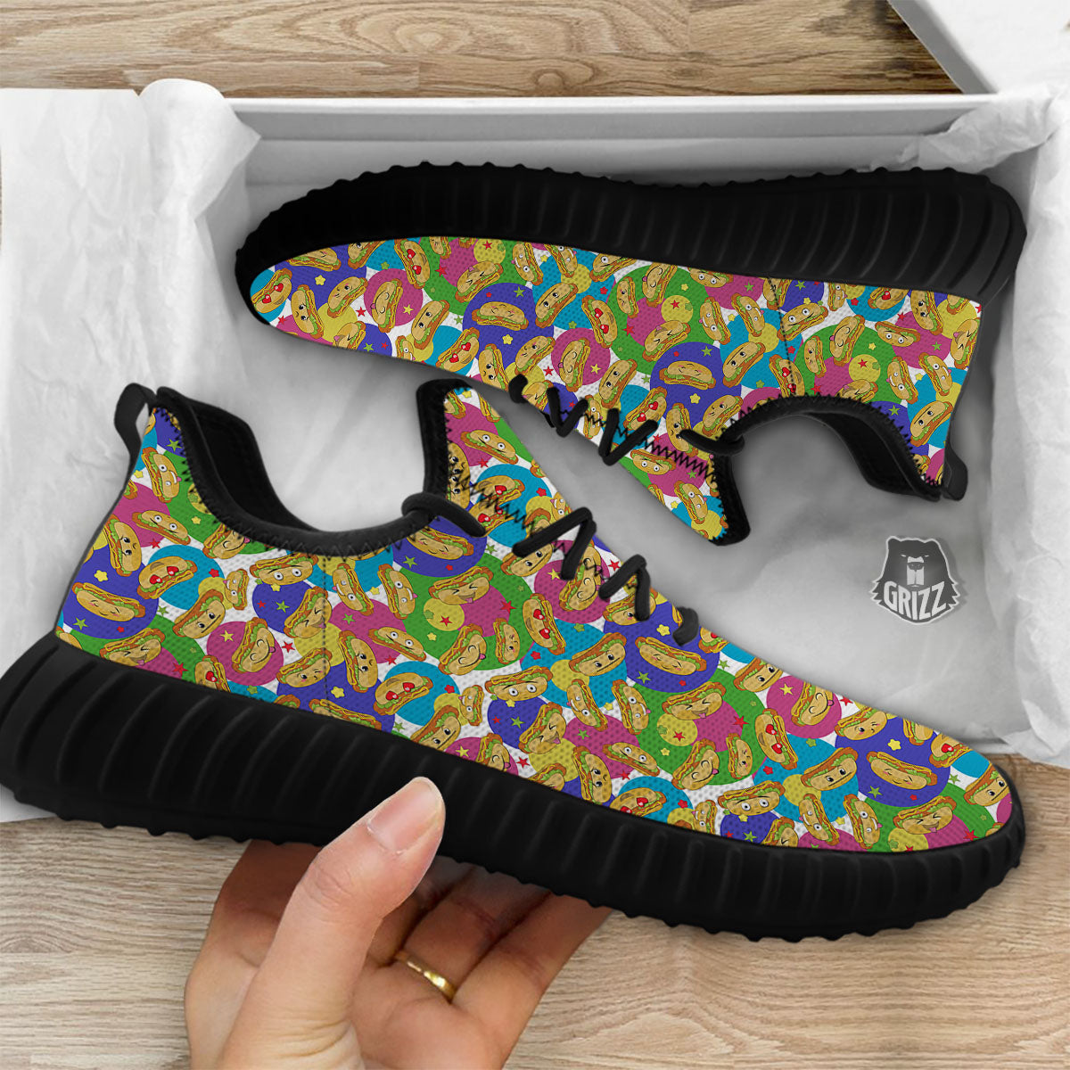 Hot Dog Colorful Print Pattern Black Walking Shoes-grizzshop