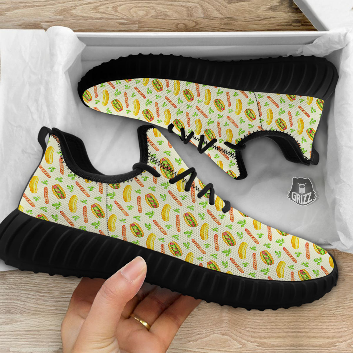 Hot Dog Drawing Print Pattern Black Walking Shoes-grizzshop