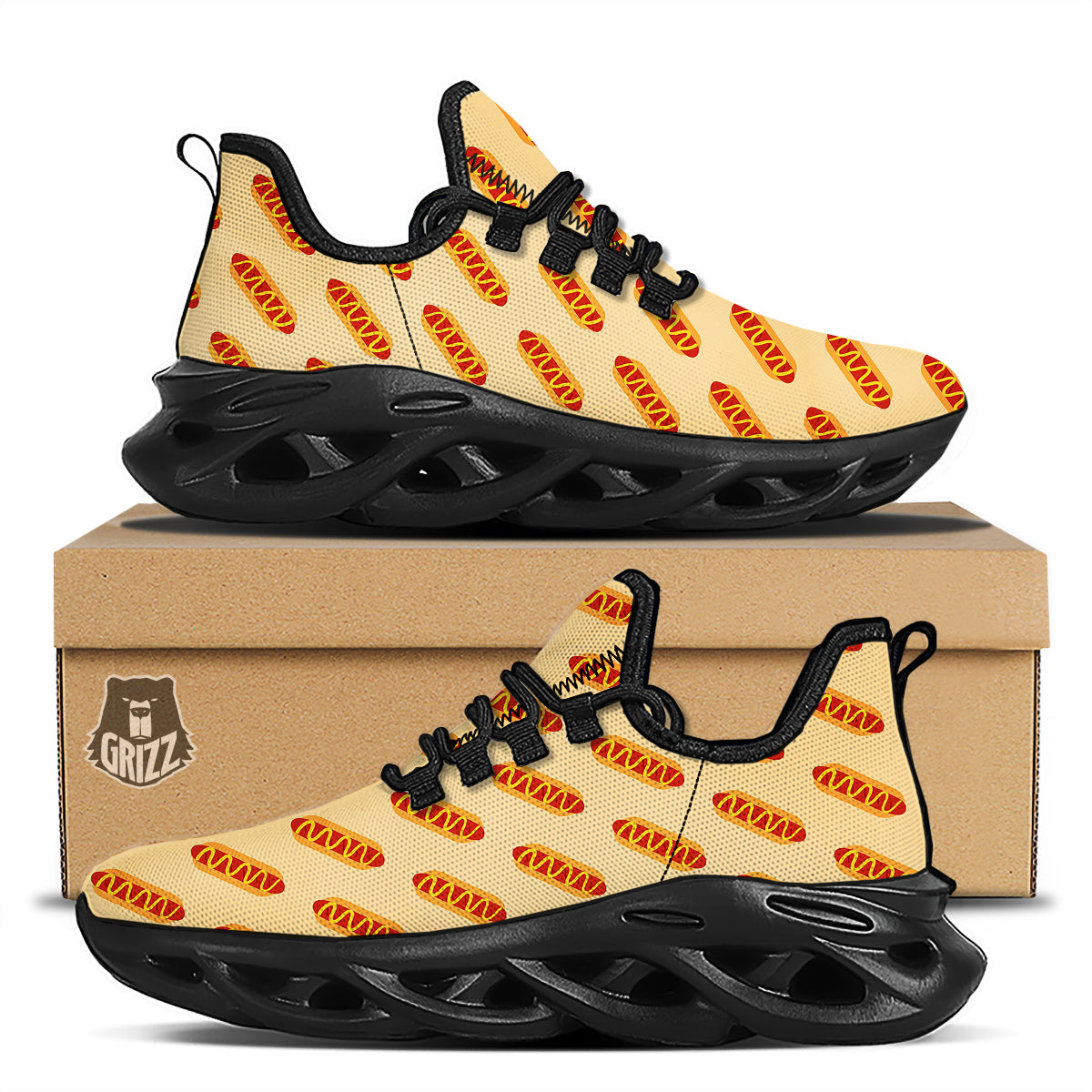 Hot Dog Yellow Print Pattern Black Running Shoes-grizzshop