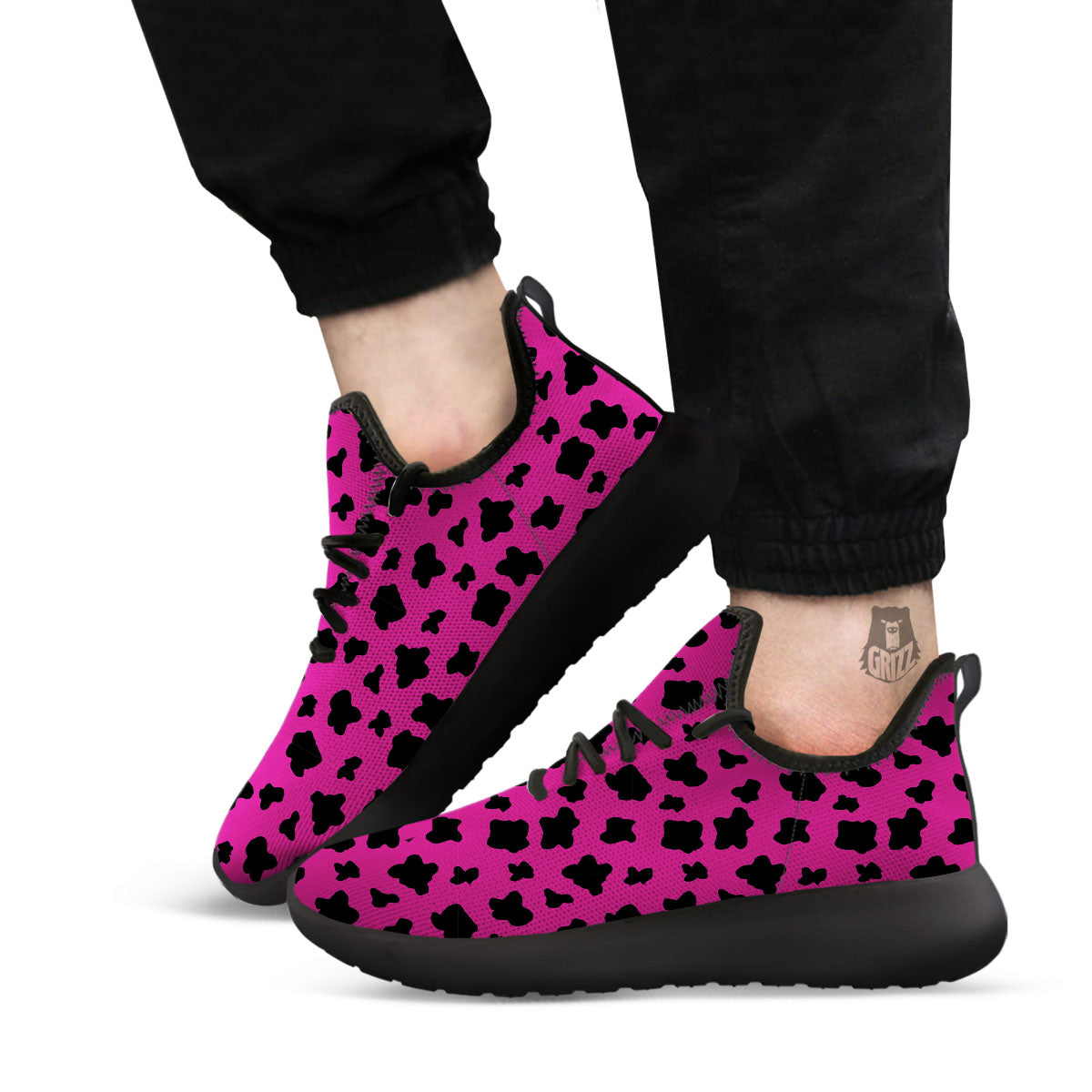Hot Pink And Black Cow Print Black Athletic Shoes-grizzshop