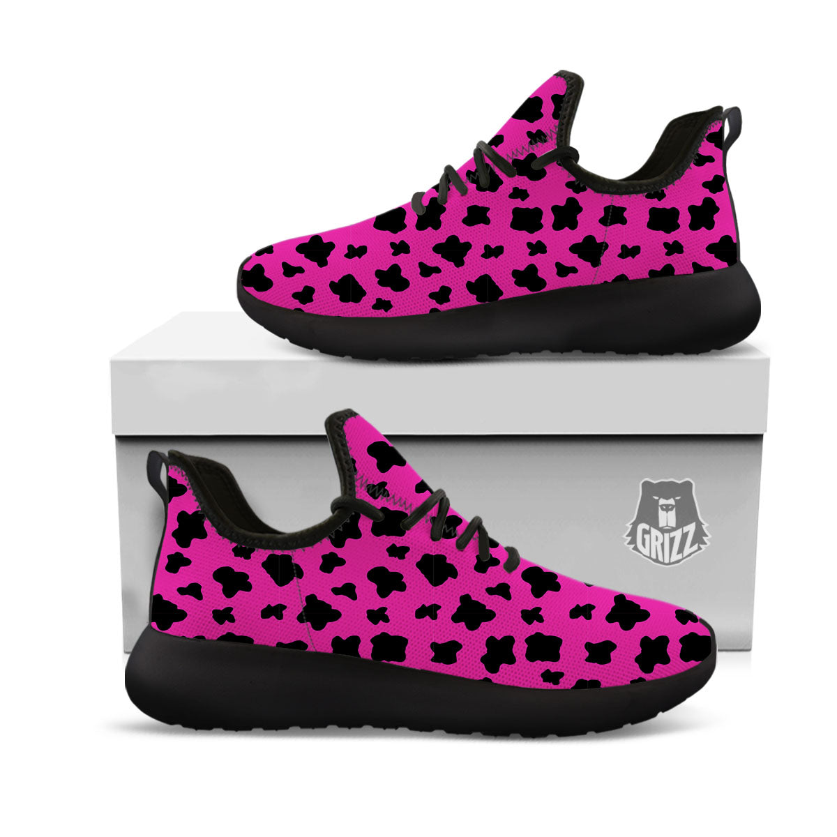 Hot Pink And Black Cow Print Black Athletic Shoes-grizzshop