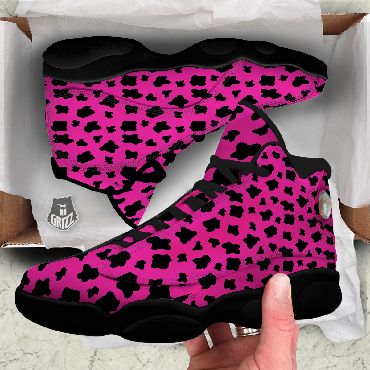 Hot Pink And Black Cow Print Black Basketball Shoes-grizzshop