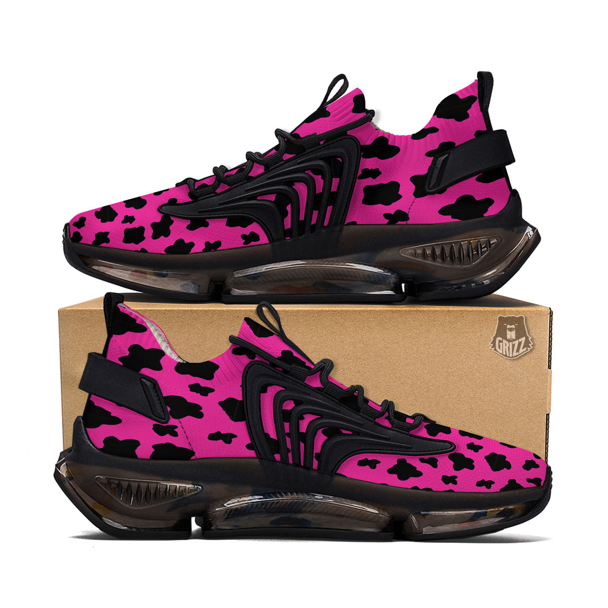 Hot Pink And Black Cow Print Black Gym Shoes-grizzshop