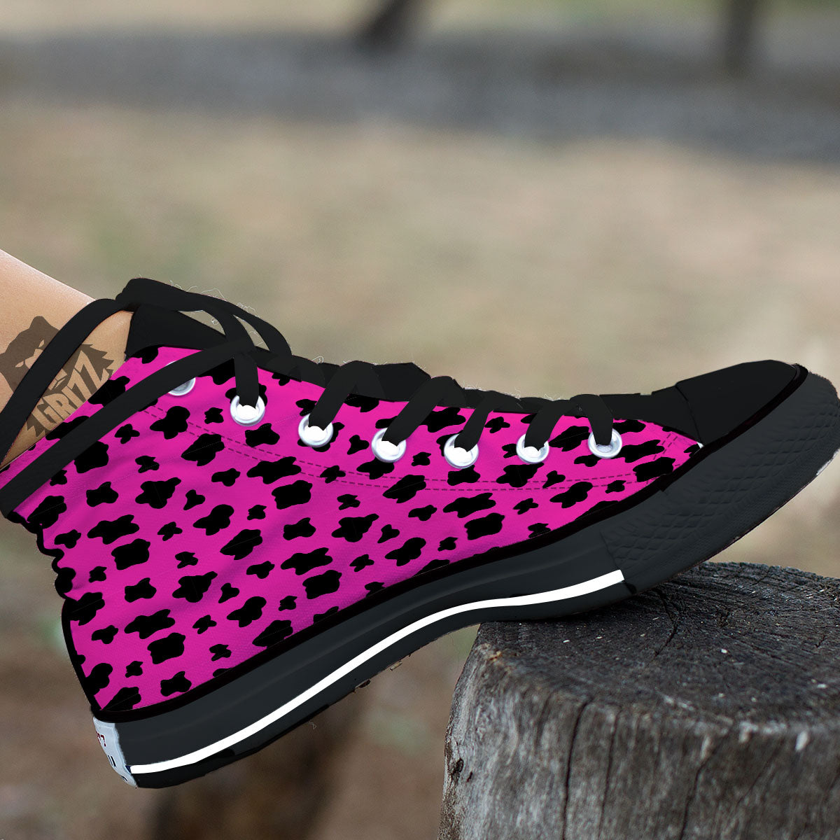 Hot Pink And Black Cow Print Black High Top Shoes-grizzshop