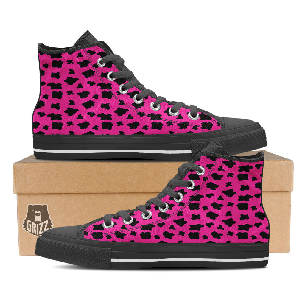 Hot Pink And Black Cow Print Black High Top Shoes-grizzshop