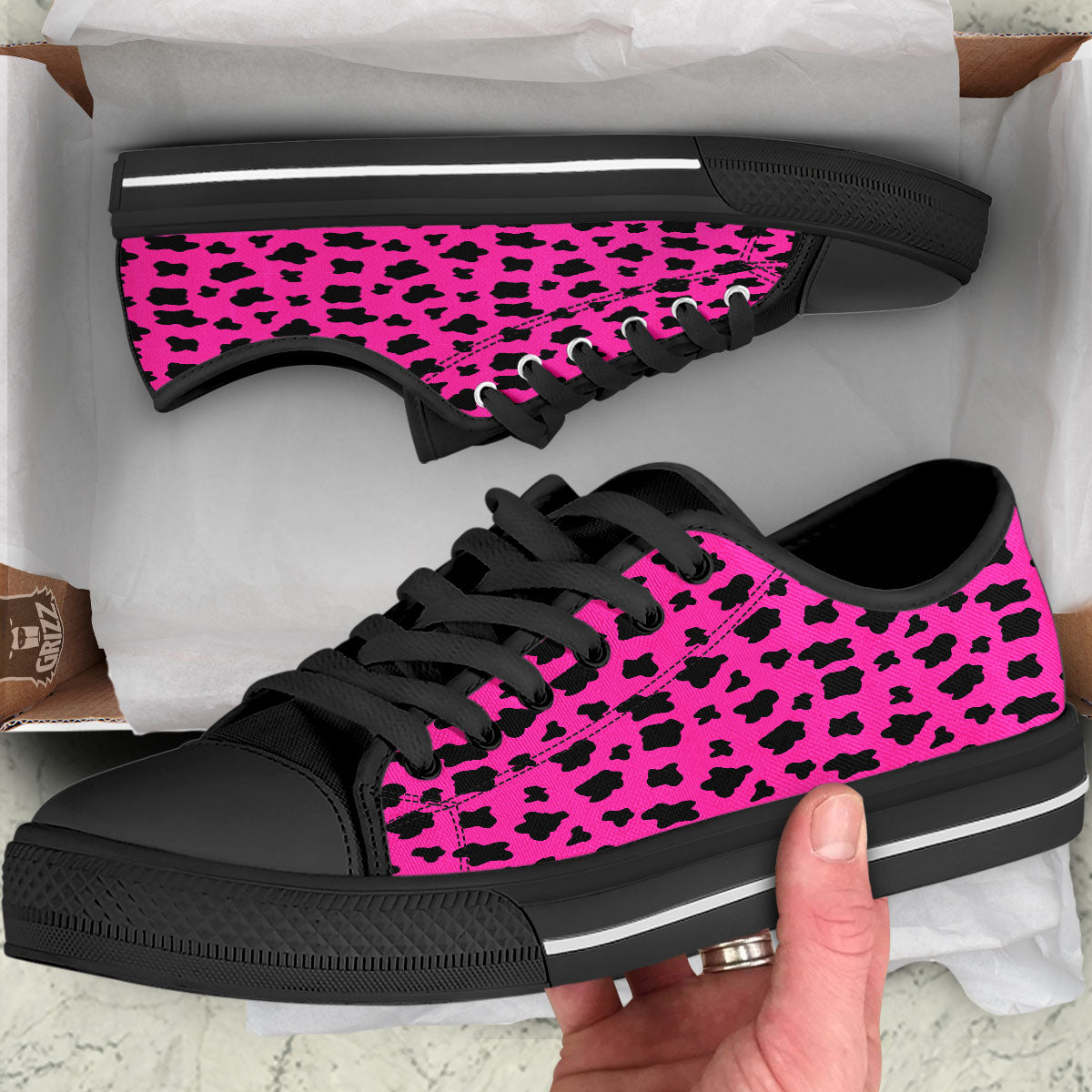Hot Pink And Black Cow Print Black Low Top Shoes-grizzshop