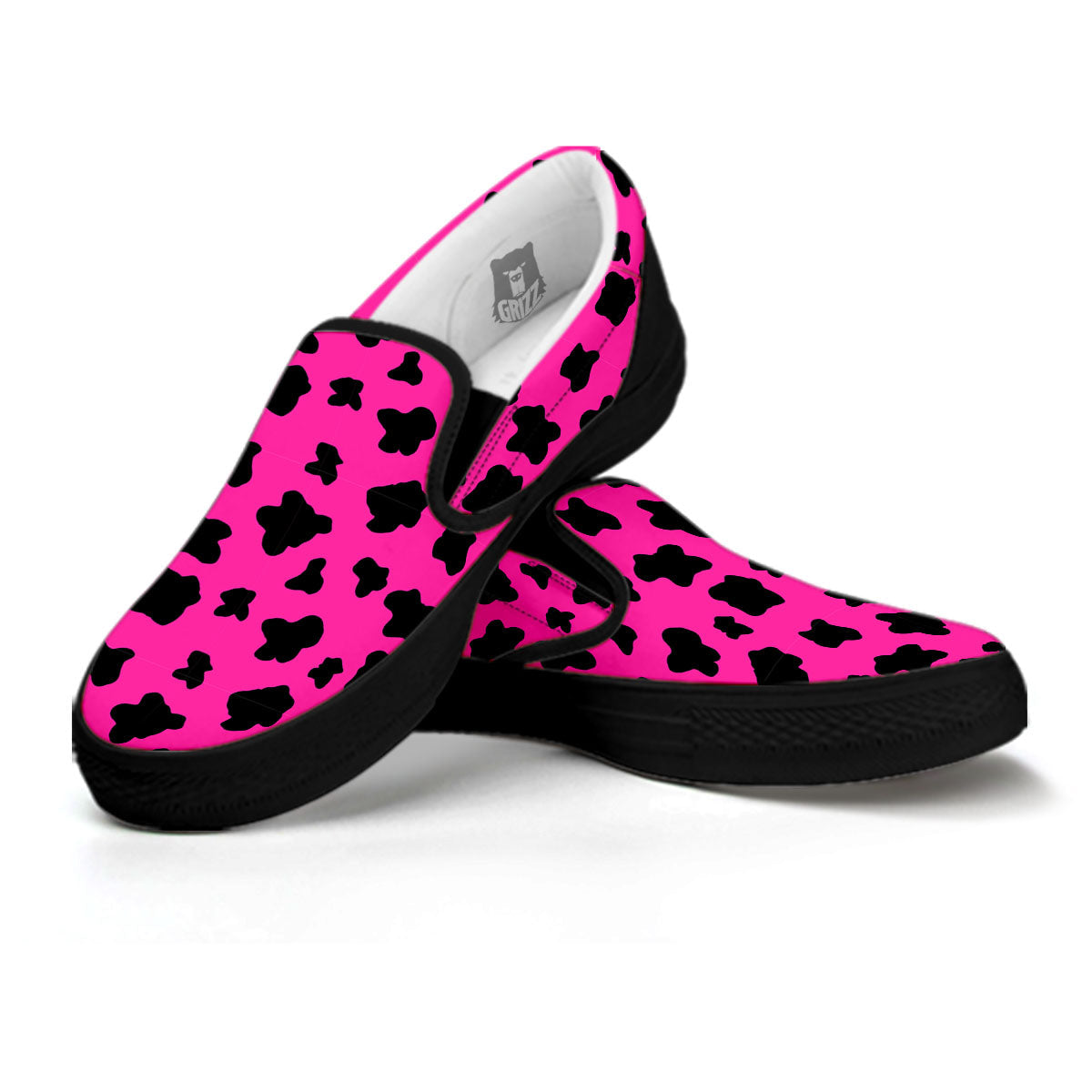 Hot Pink And Black Cow Print Black Slip On Shoes-grizzshop