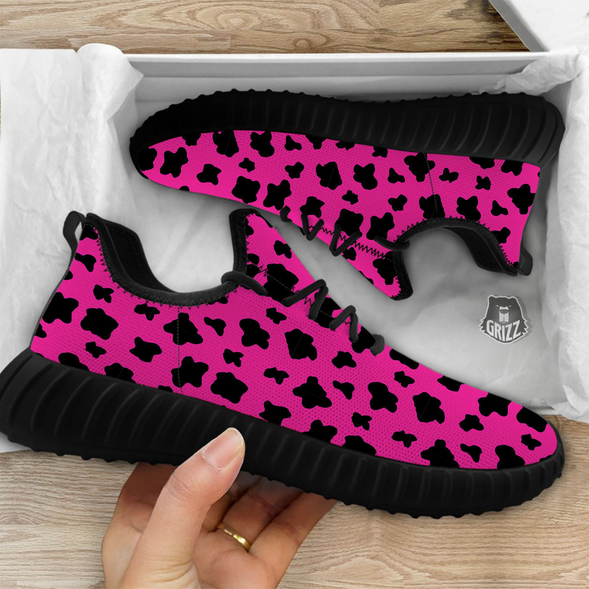 Hot Pink And Black Cow Print Black Walking Shoes-grizzshop