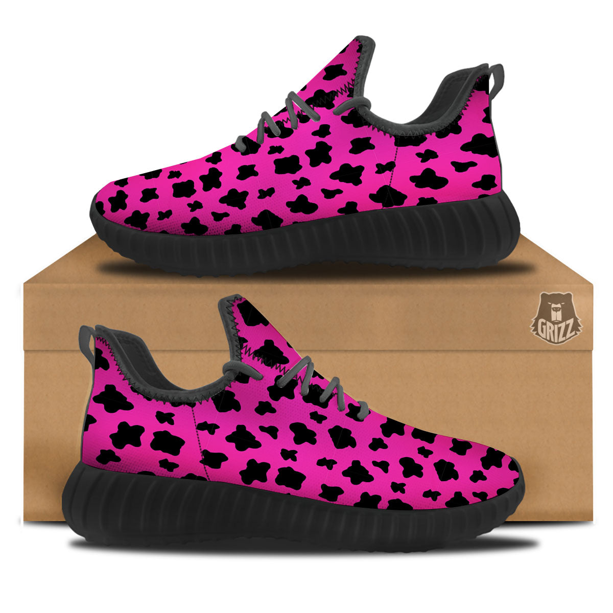 Hot Pink And Black Cow Print Black Walking Shoes-grizzshop