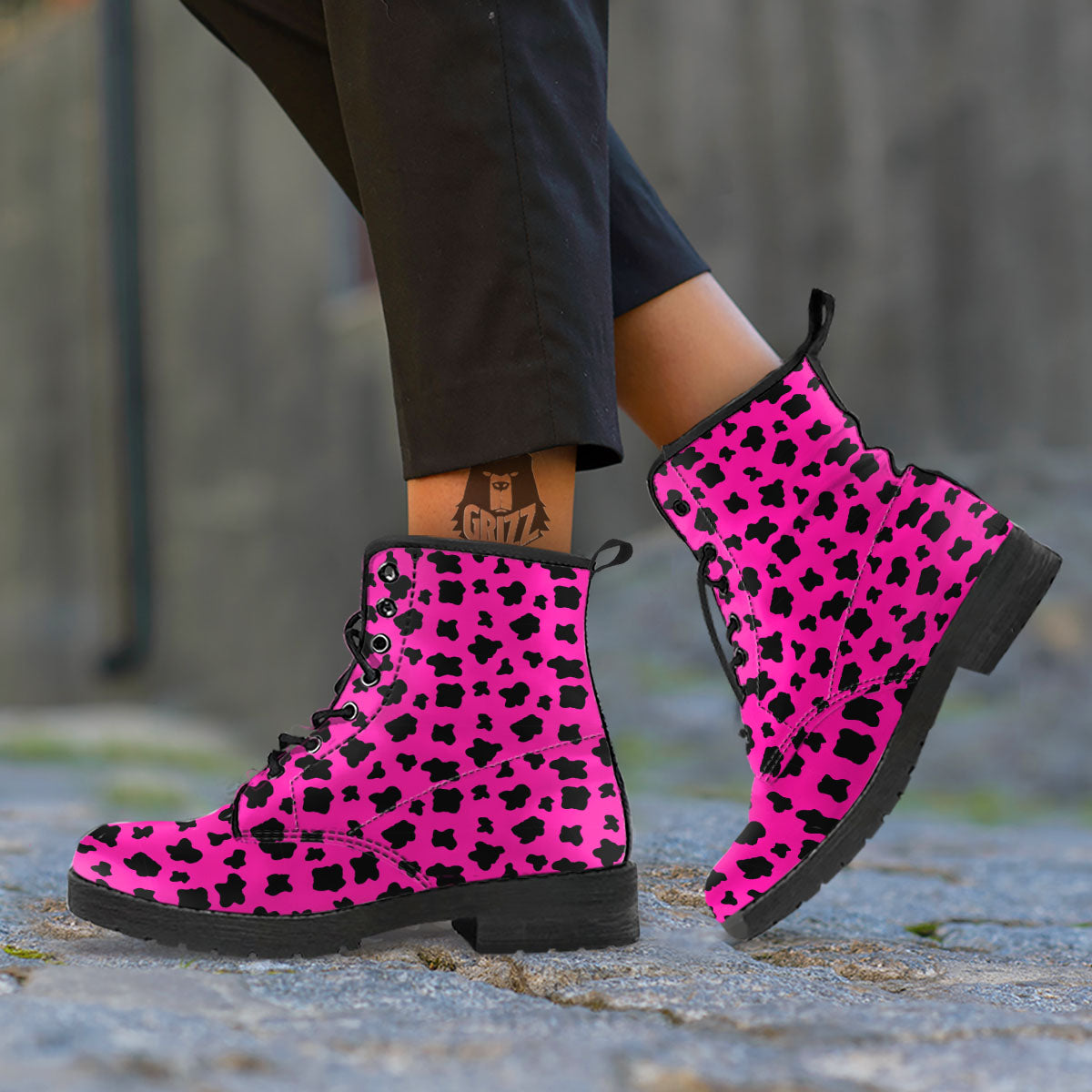 Hot Pink And Black Cow Print Leather Boots-grizzshop