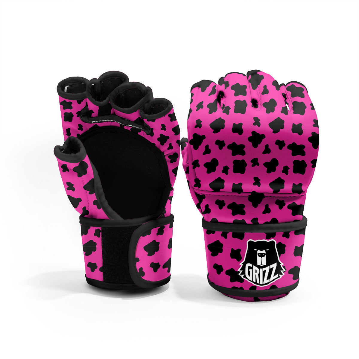 Hot Pink And Black Cow Print MMA Gloves-grizzshop