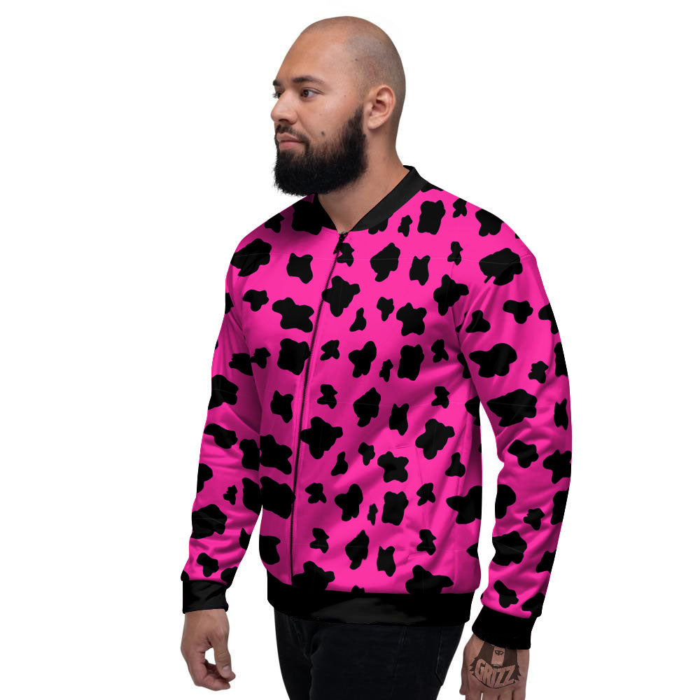 Hot Pink And Black Cow Print Men's Bomber Jacket-grizzshop