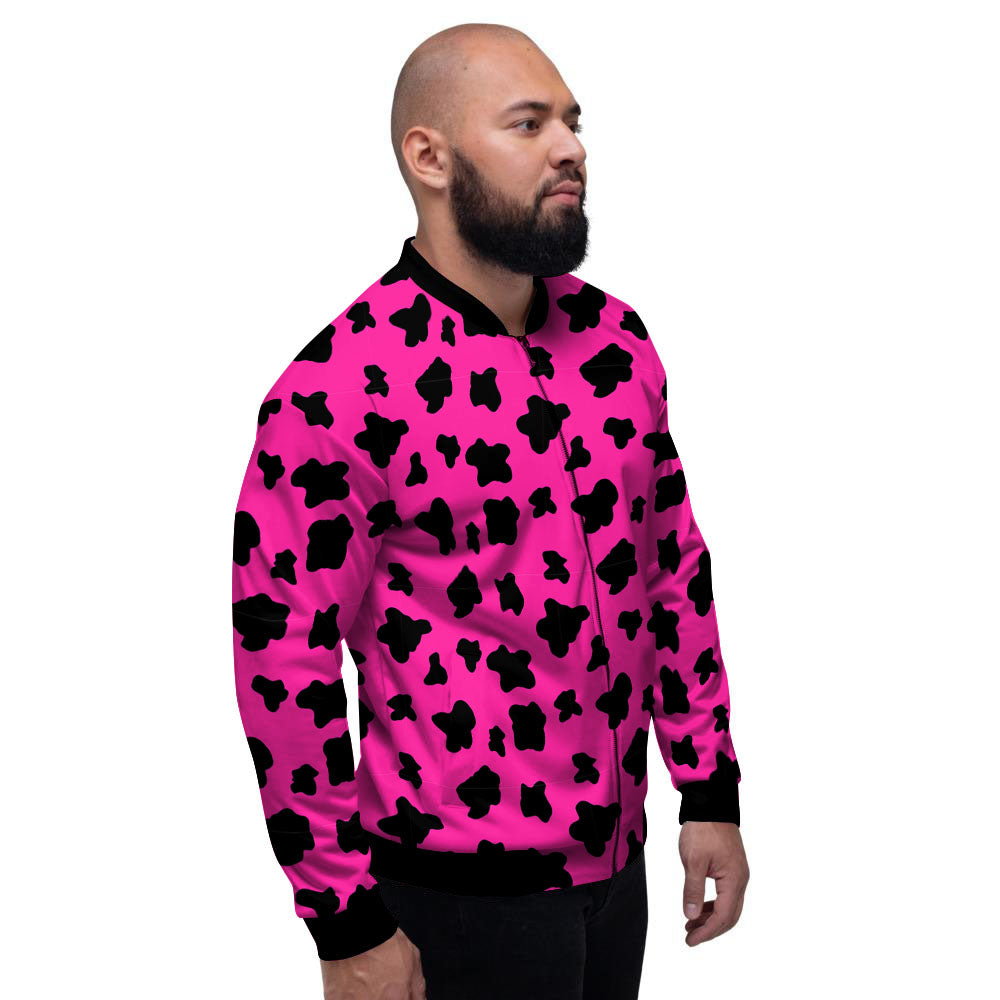 Hot Pink And Black Cow Print Men's Bomber Jacket-grizzshop