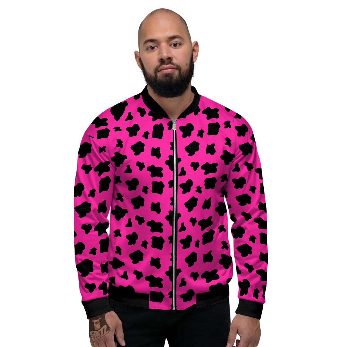 Hot Pink And Black Cow Print Men's Bomber Jacket-grizzshop