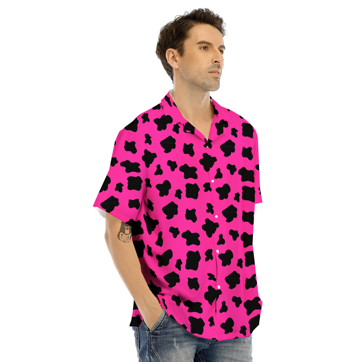 Hot Pink And Black Cow Print Men's Hawaiian Shirt-grizzshop