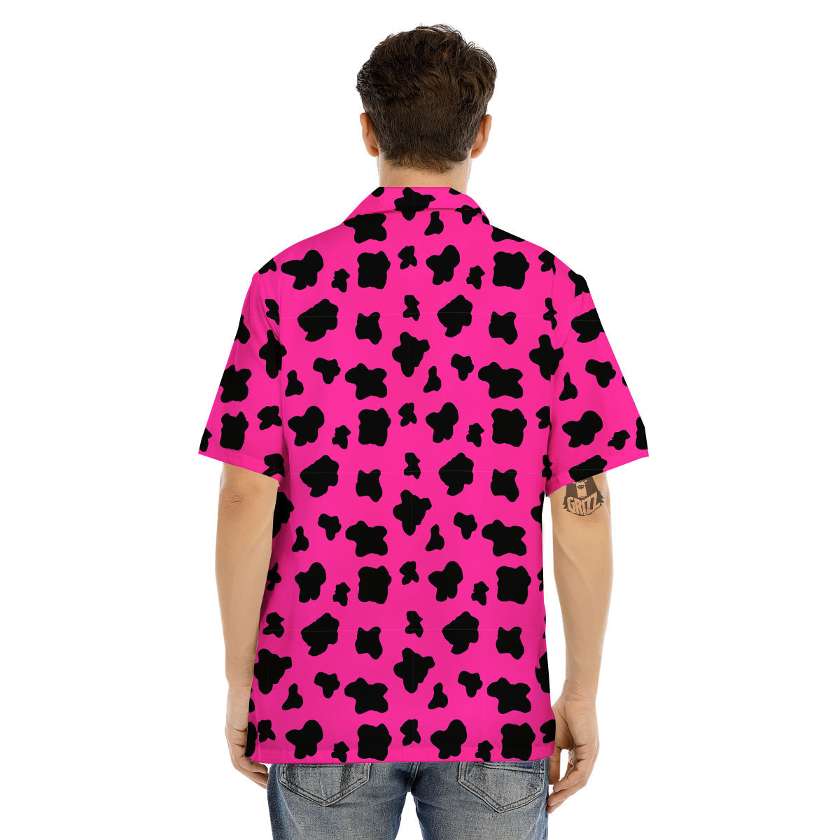 Hot Pink And Black Cow Print Men's Hawaiian Shirt-grizzshop