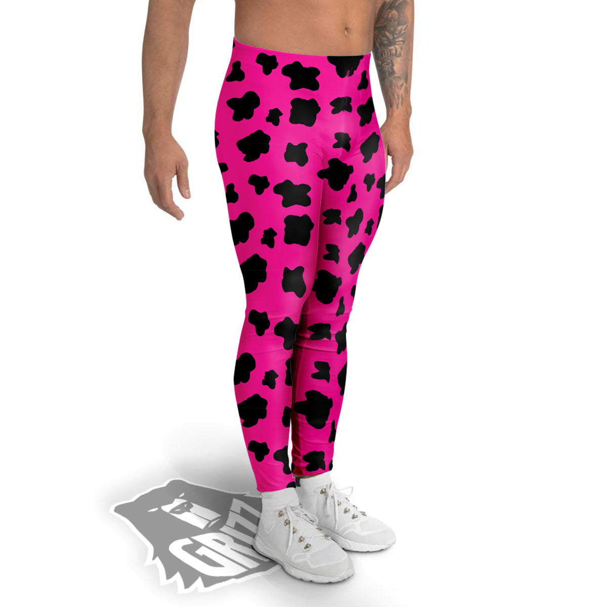 Hot Pink And Black Cow Print Men's Leggings-grizzshop