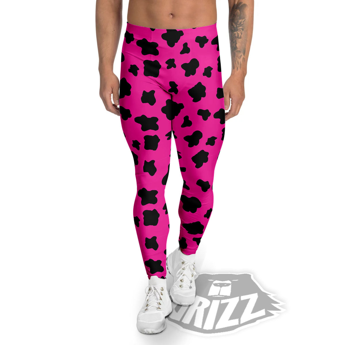 Hot Pink And Black Cow Print Men's Leggings-grizzshop